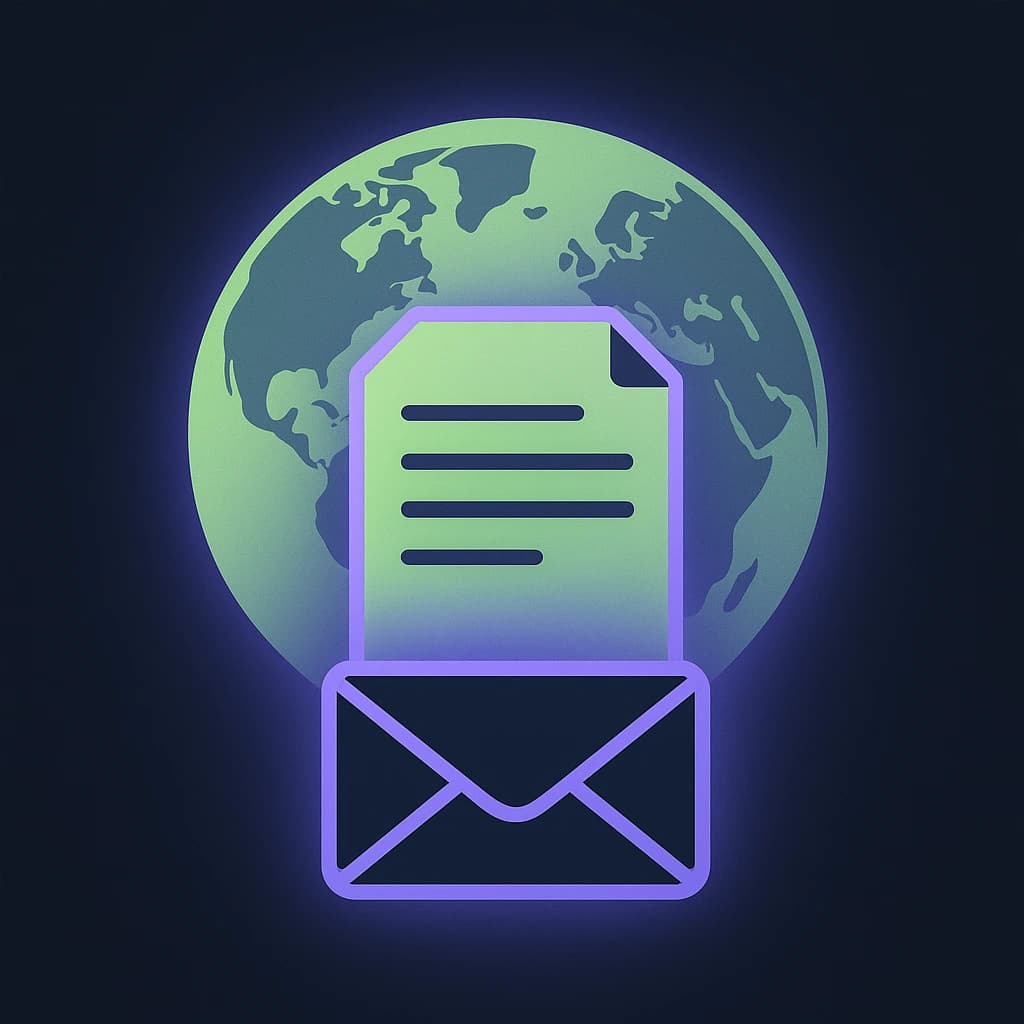 A letter unfolding from an envelope in front of a globe
